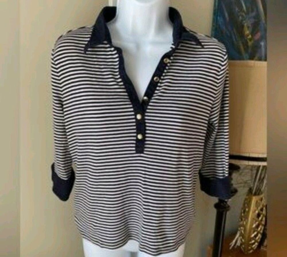 Lauren Ralph Lauren Top Womens 2XL White Navy Blue Striped Polo VNeck